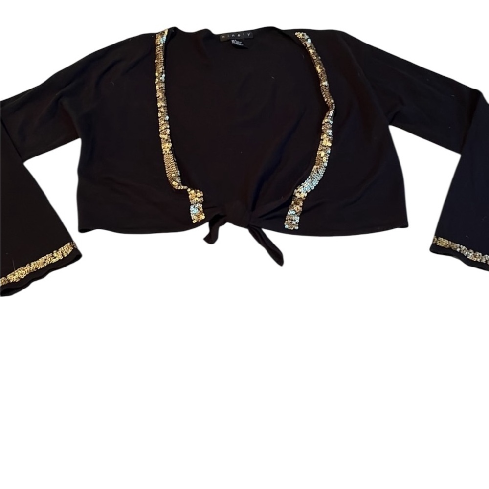 Ninety size large black shrug gold sequin trim tie at waist